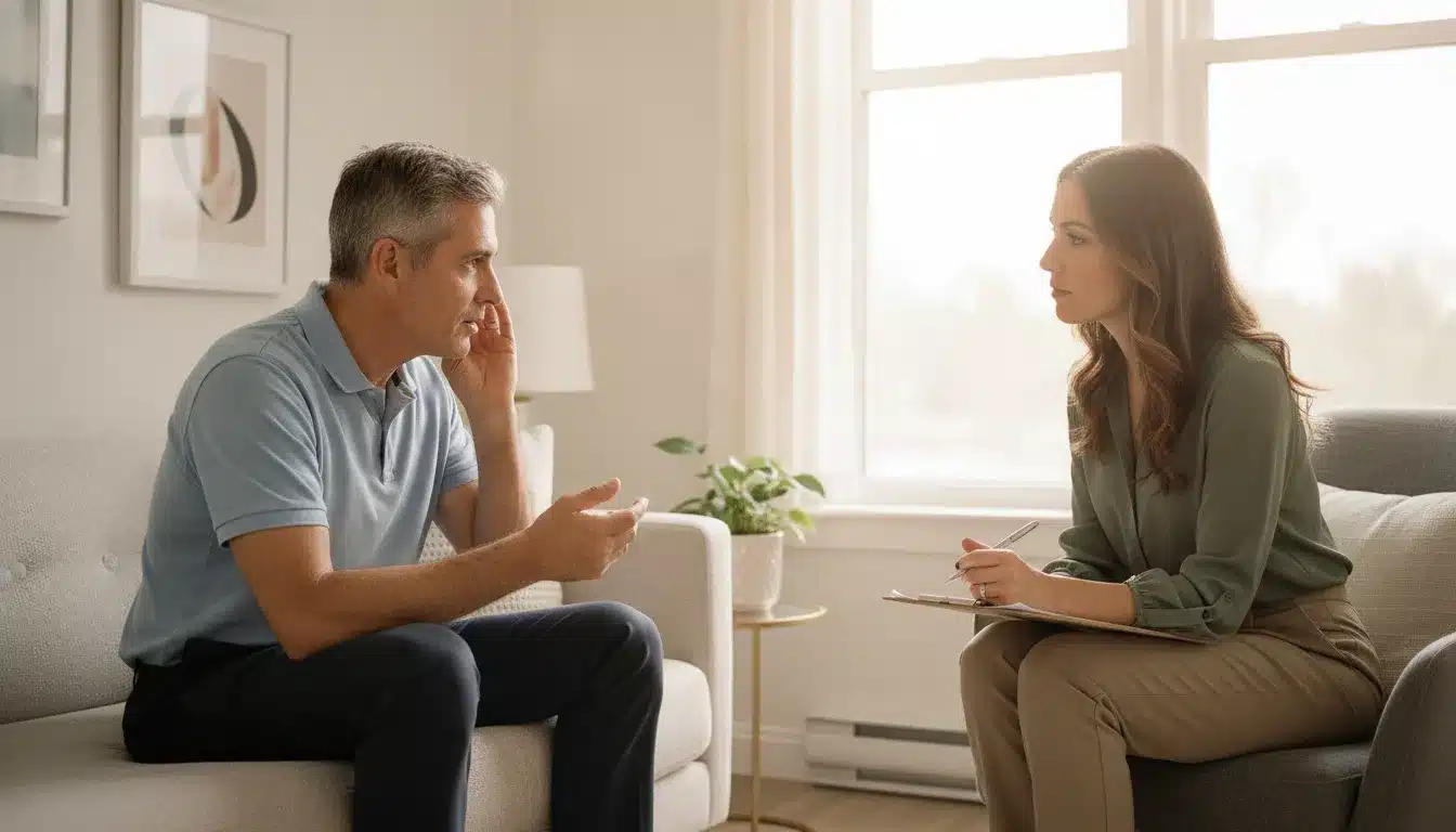 Adulte discutant de sa santé auditive avec une professionnelle dans une clinique accueillante