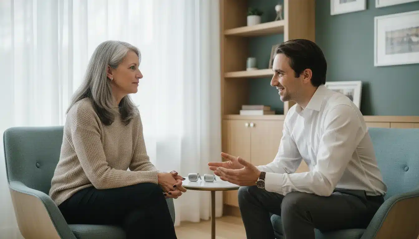 Adulte discutant de sa santé auditive avec une professionnelle dans une clinique accueillante